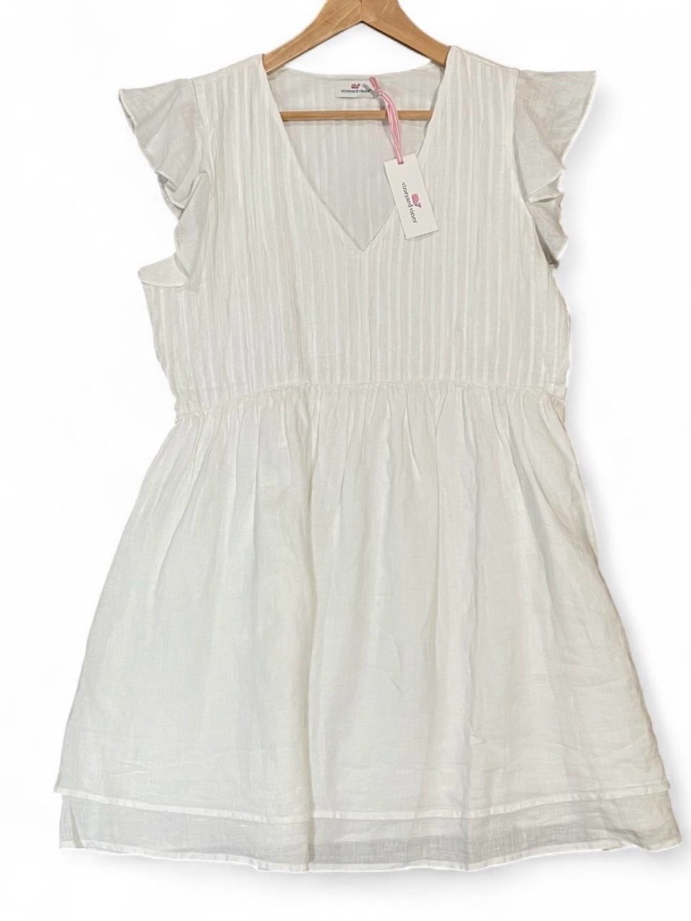 NEW Vineyard Vines Lined Linen Pintuck Dress VNeck Ruffle White Size L sleeveles